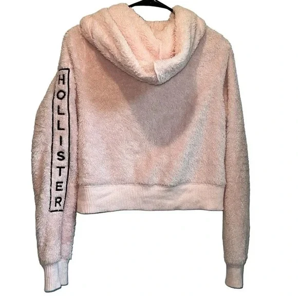 Hollister XS fuzzy pink soft zip up hoodie logo sleeve - Picture 2 of 10